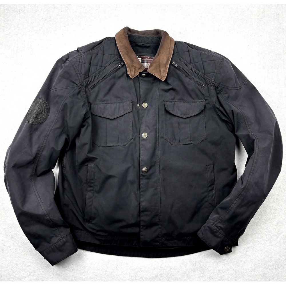 Indian Motorcycle Jacket Large L Black Canvas Suede Collar Plaid Liner Cruiser